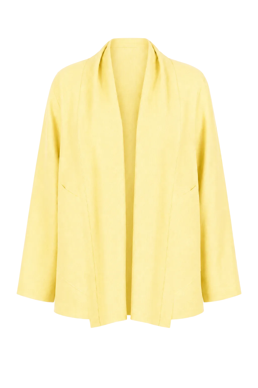 A 100% linen pale yellow open-front cardigan jacket with long sleeves, displayed on a clean white background.