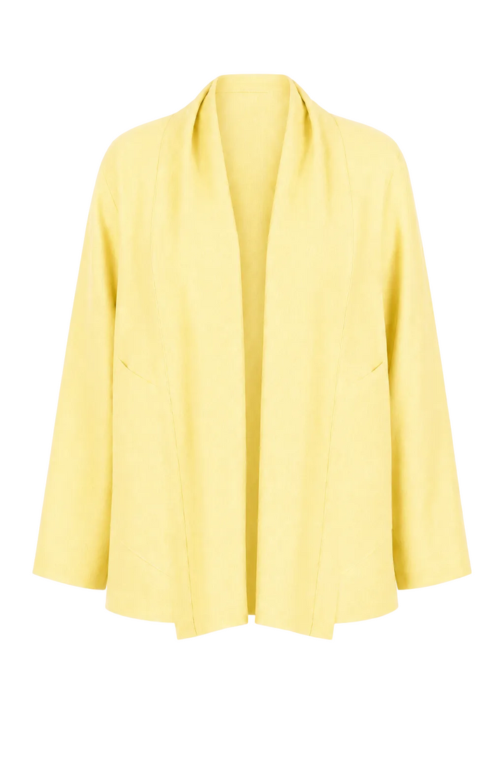 A 100% linen pale yellow open-front cardigan jacket with long sleeves, displayed on a clean white background.