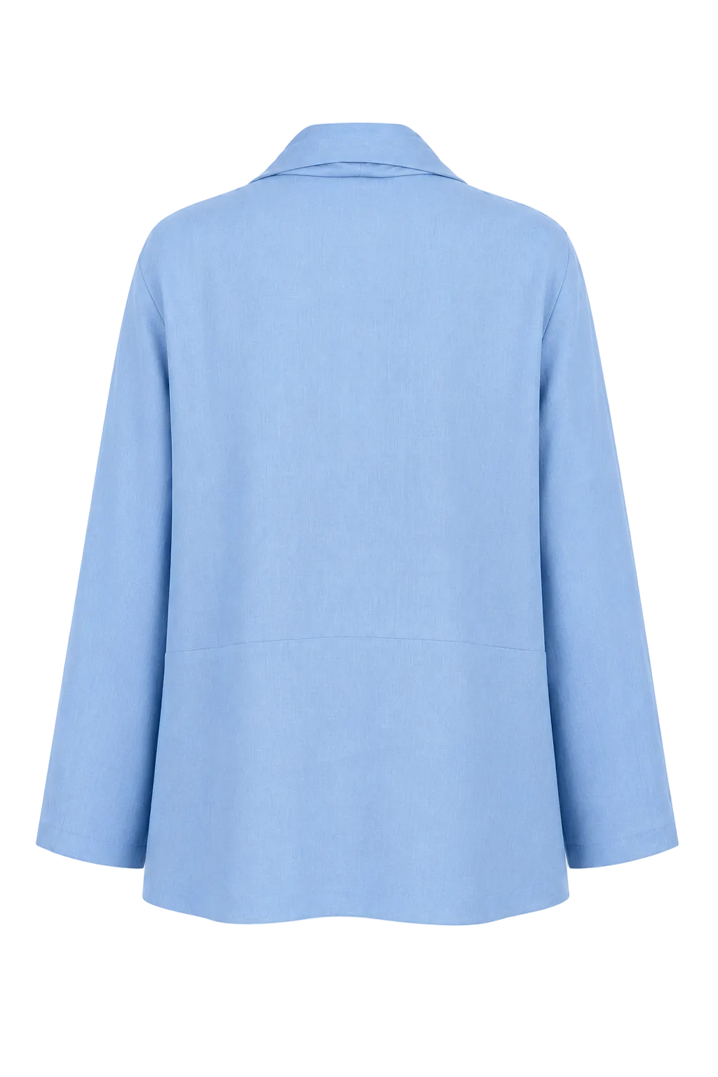 A 100% linen light blue long-sleeve blazer shown from the back, featuring a classic collar and a relaxed, wide fit, photographed against a solid white background.