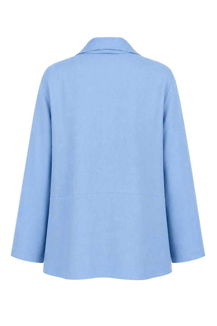 A 100% linen light blue long-sleeve blazer shown from the back, featuring a classic collar and a relaxed, wide fit, photographed against a solid white background.