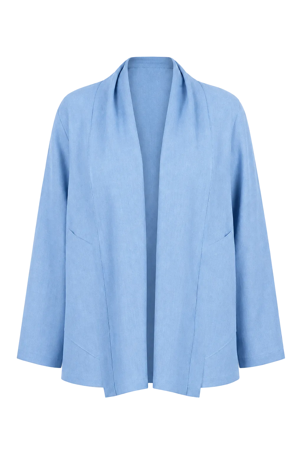A 100% linen light blue open-front cardigan jacket with a draped collar and long sleeves, shown against a plain white background.