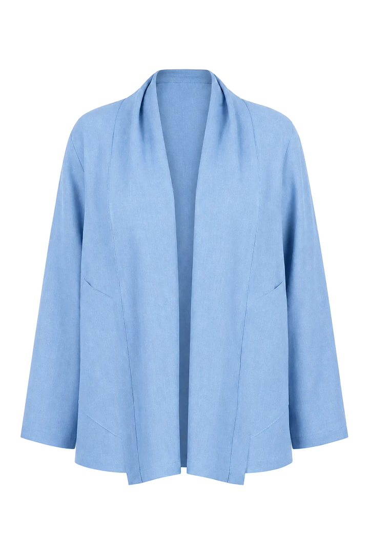 A 100% linen light blue open-front cardigan jacket with a draped collar and long sleeves, shown against a plain white background.