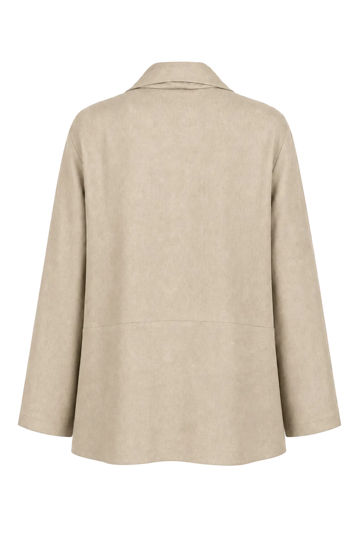 A light beige 100% linen blazer shown from the back, featuring a relaxed fit, long sleeves, and a notched collar, photographed against a solid white background.
