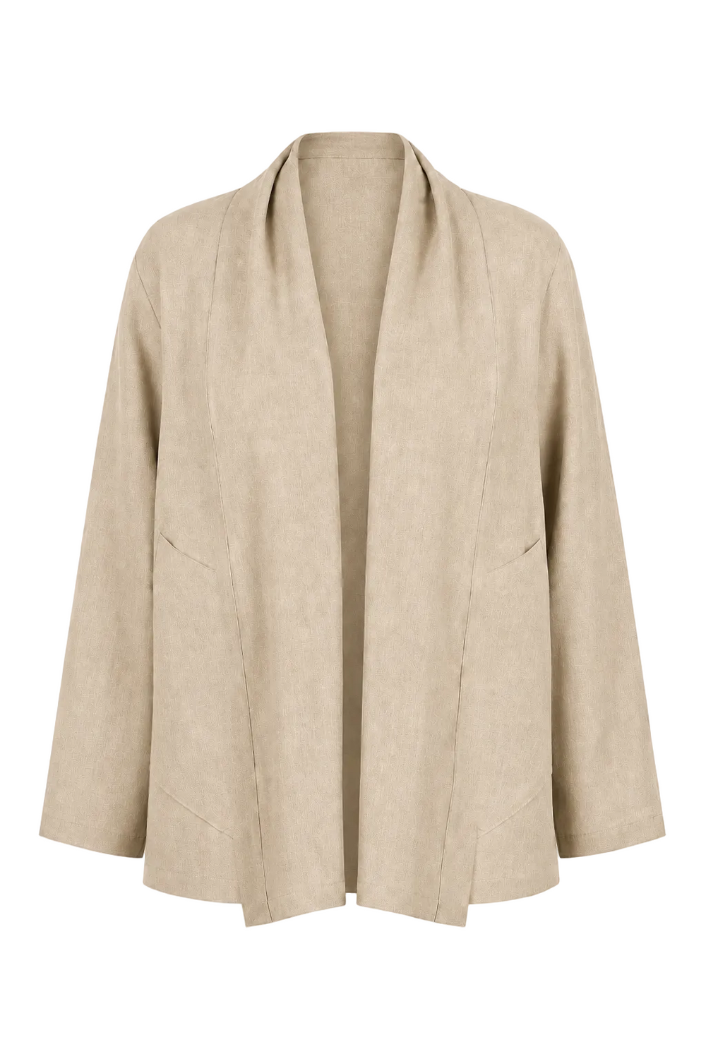 A 100% linen light beige open-front cardigan jacket with a draped collar and long sleeves, shown against a plain white background.