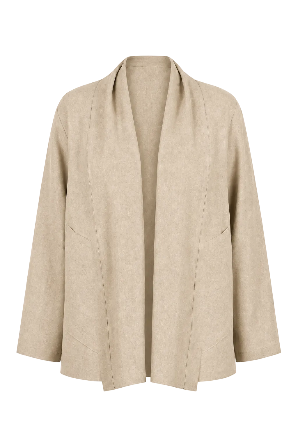 A 100% linen light beige open-front cardigan jacket with a draped collar and long sleeves, shown against a plain white background.