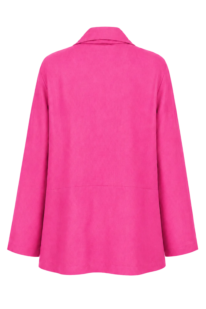 A 100% linen bright pink long-sleeve blazer shown from the back, photographed against a clean white background.