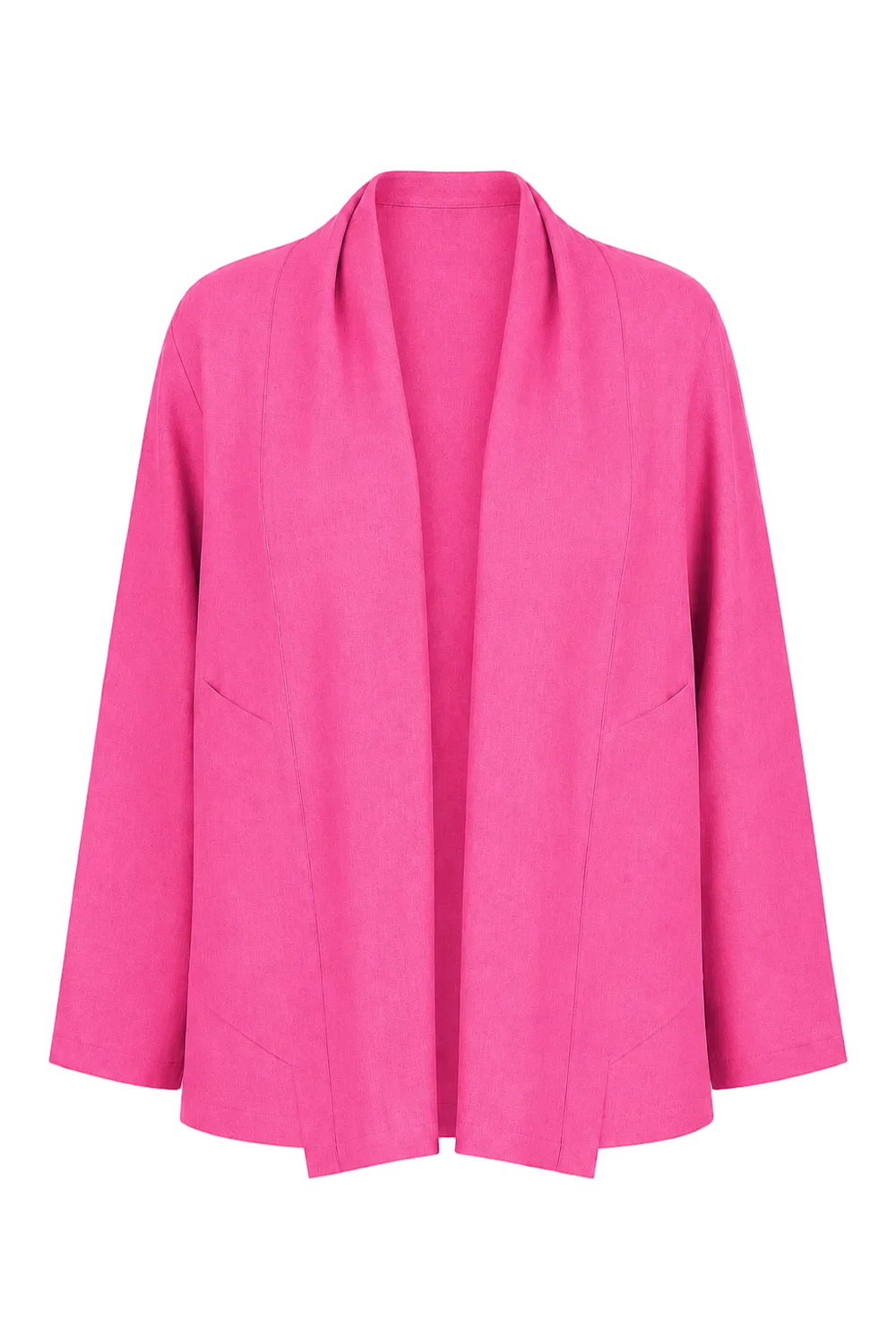 A 100% linen bright pink open-front cardigan jacket with long sleeves and a draped collar, shown against a plain white background.