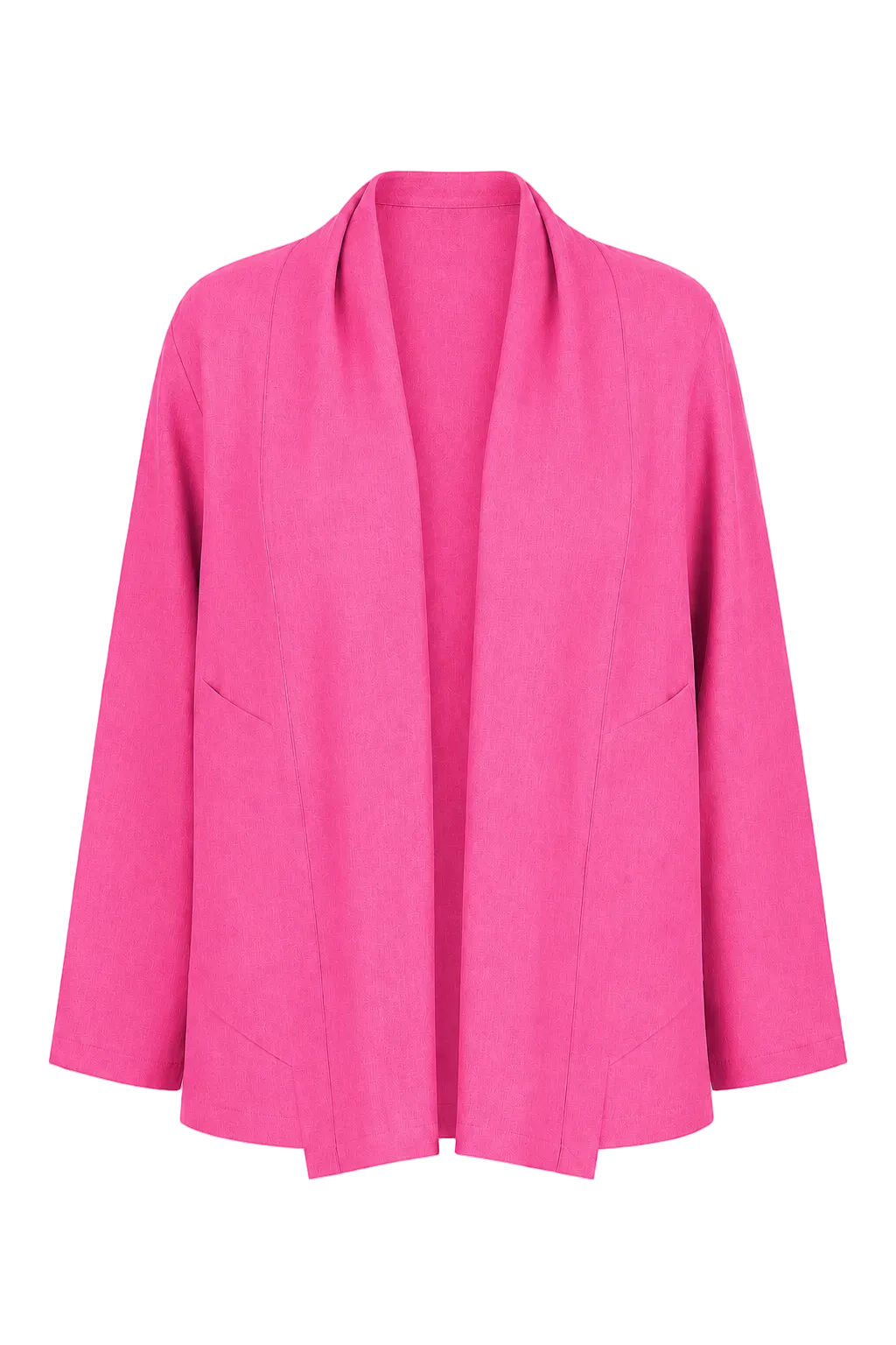A 100% linen bright pink open-front cardigan jacket with long sleeves and a draped collar, shown against a plain white background.