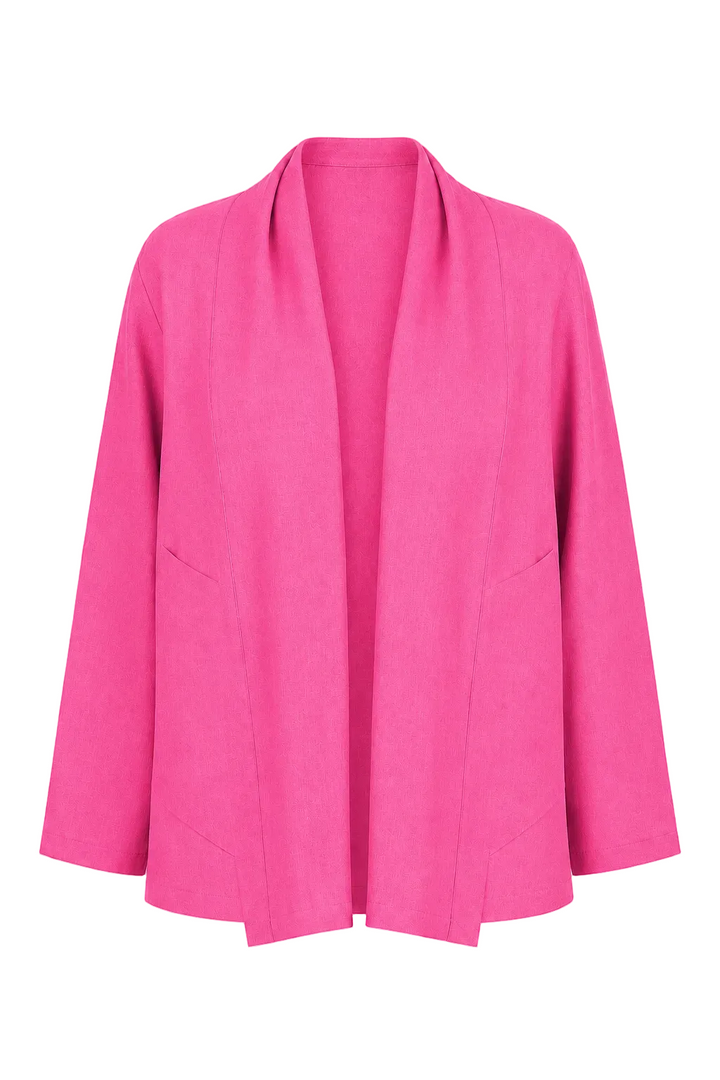 A 100% linen bright pink open-front cardigan jacket with long sleeves and a draped collar, shown against a plain white background.