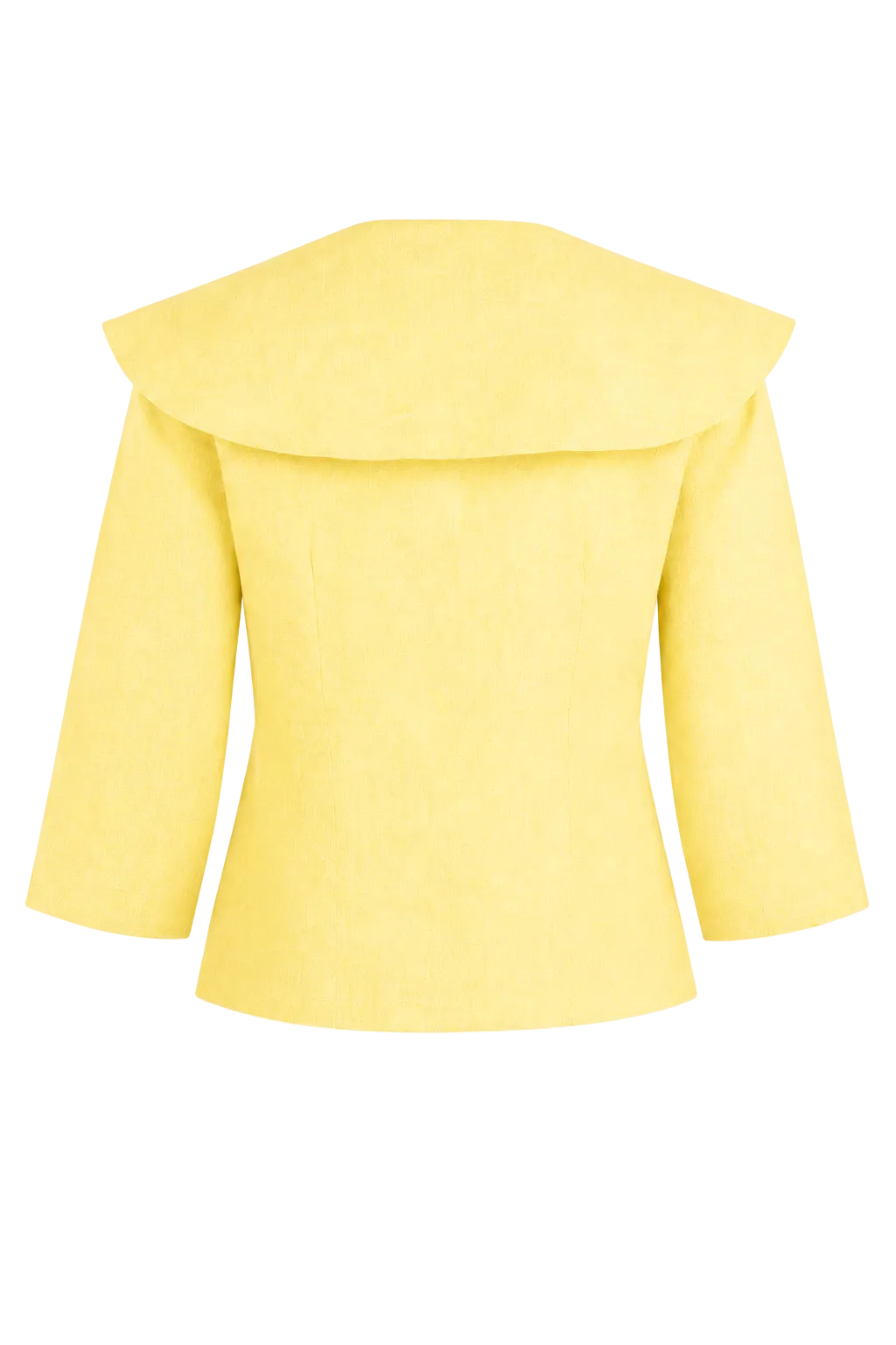 A 100% linen bright yellow women's blazer with a dramatic wide collar and three-quarter sleeves, shown from the back against a plain white background.