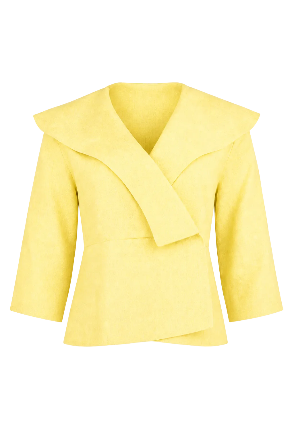 A 100% linen light yellow wrap-style jacket with a wide collar and long sleeves, shown against a plain white background.