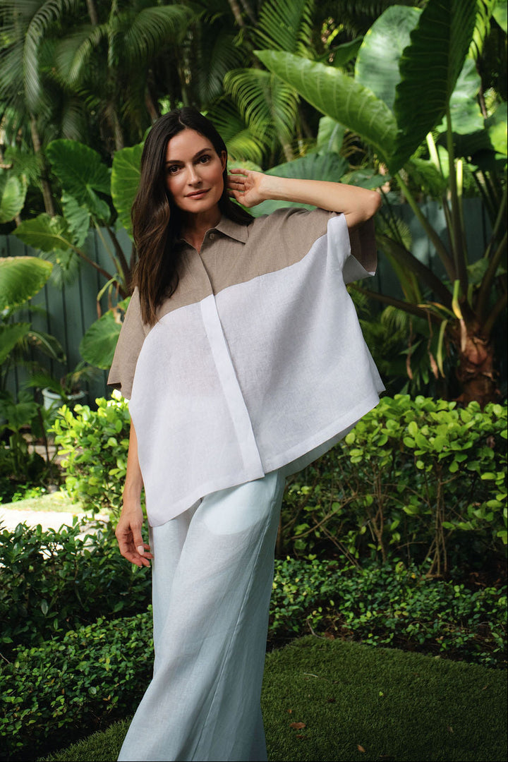 Linen Retro Shirt - Fawn/White