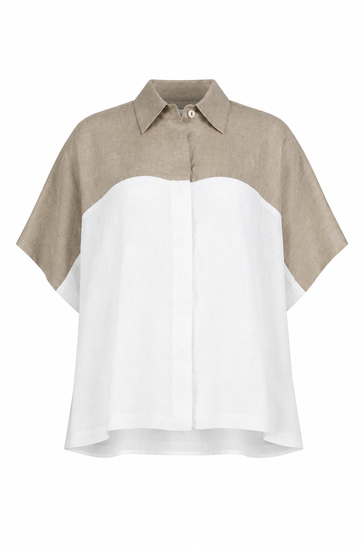 Linen Retro Shirt - Fawn/White