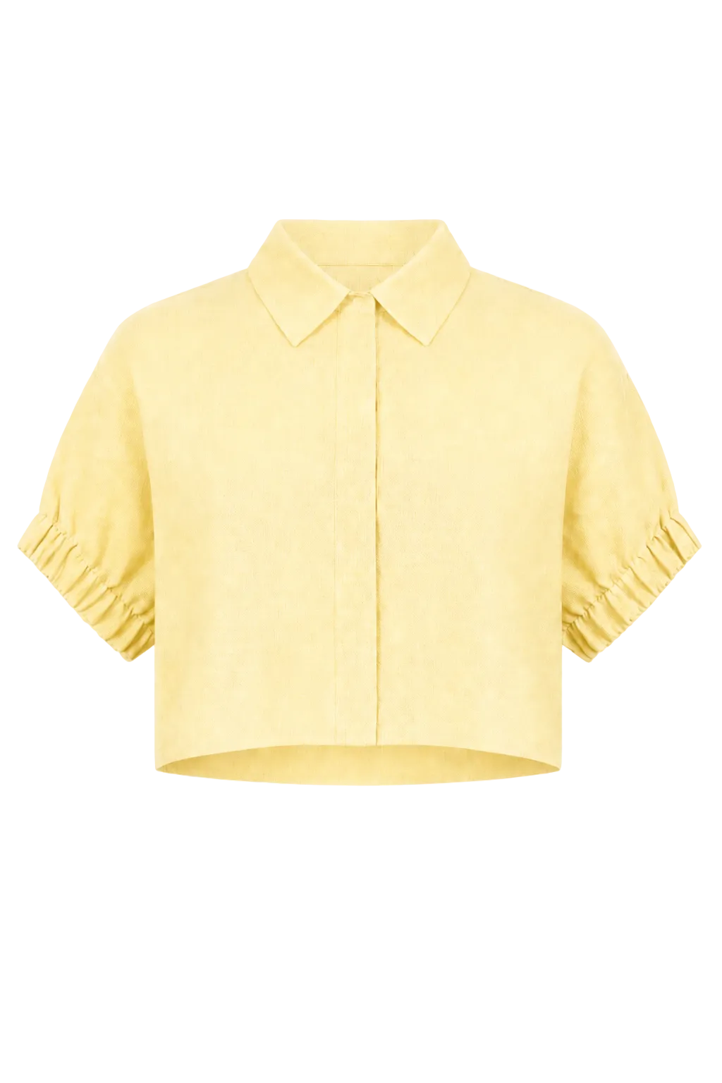 A 100% linen pale yellow cropped short-sleeve button-up shirt with a pointed collar and gathered ruffled cuffs, shown against a plain white background.