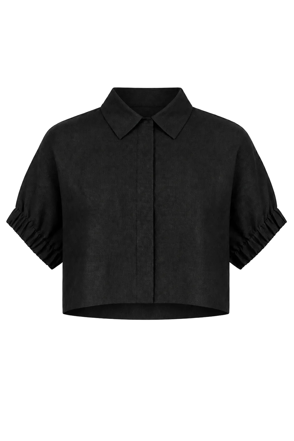 A 100% linen black short-sleeve collared shirt with gathered, ruffled cuffs, shown against a plain white background.
