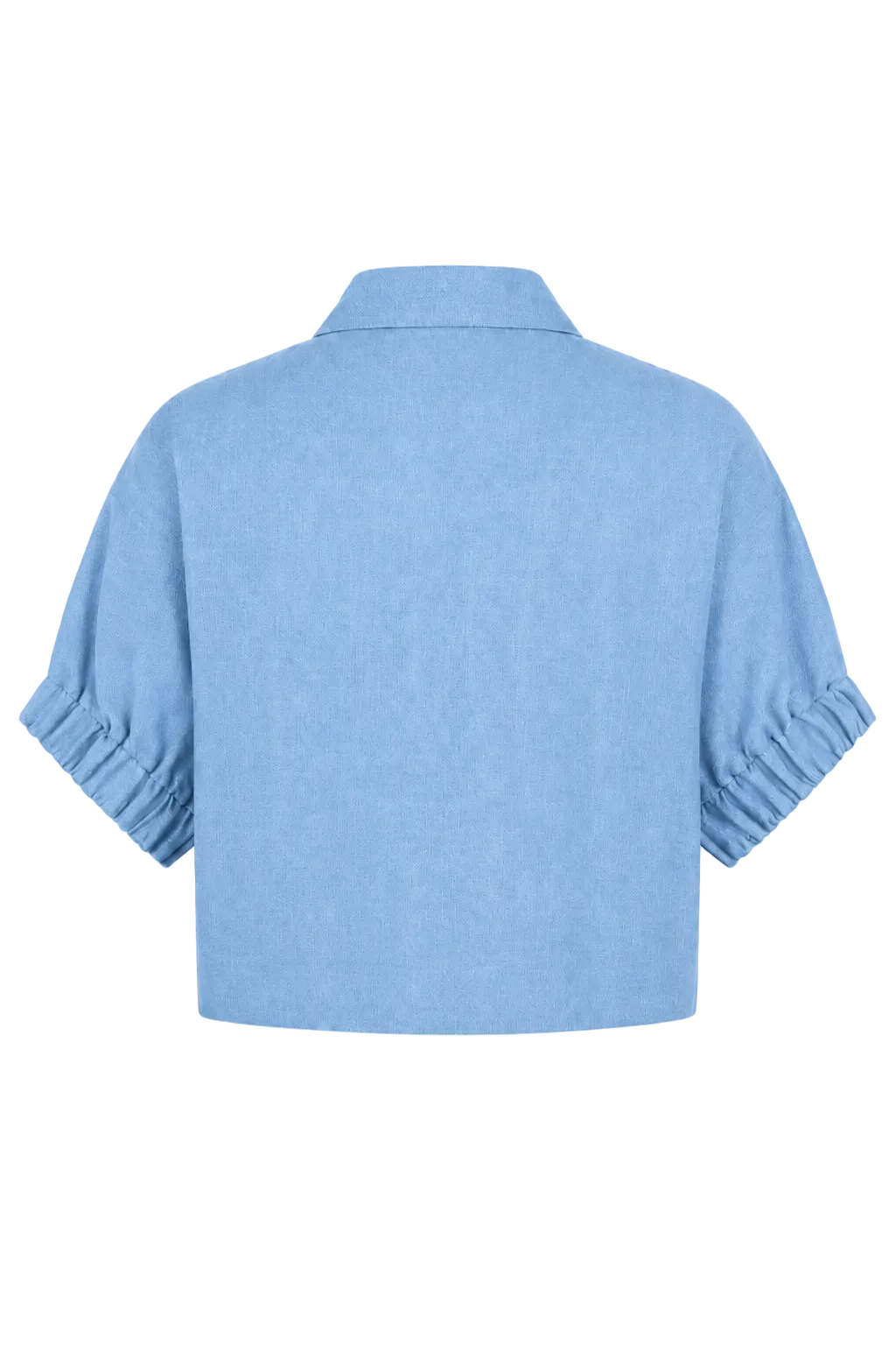 A 100% linen light blue cropped short-sleeve shirt with gathered ruffle details on the sleeves, shown from the back against a plain white background.