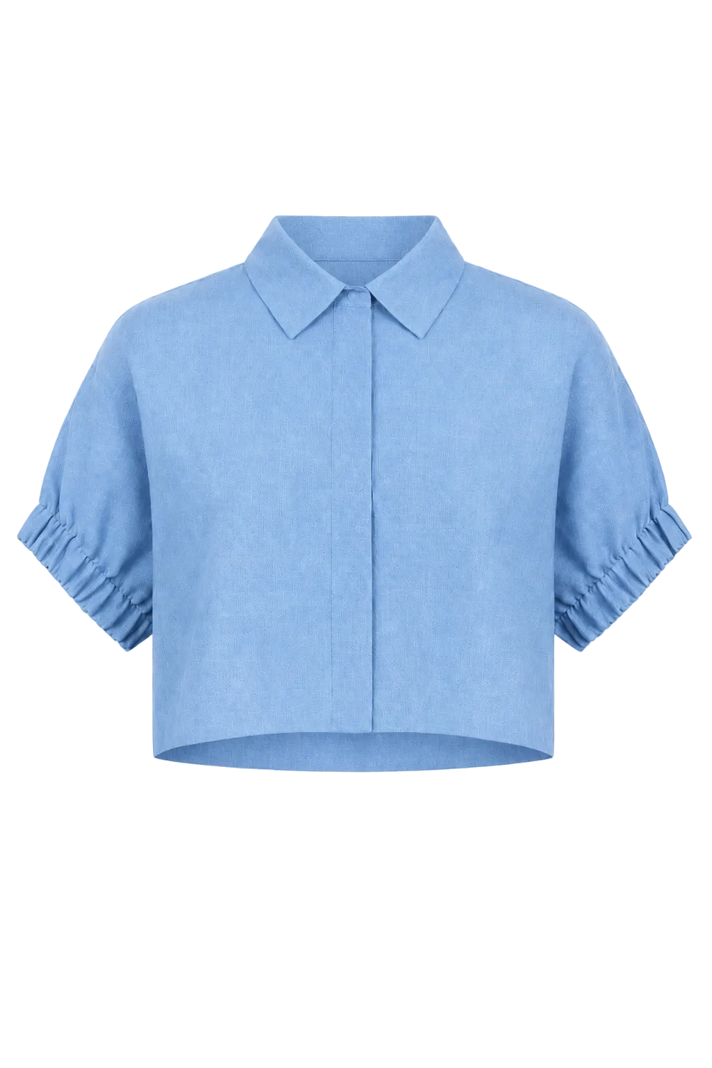 A 100% linen light blue cropped short-sleeve blouse with a pointed collar, front button placket, and gathered ruffled cuffs, shown on a plain white background.
