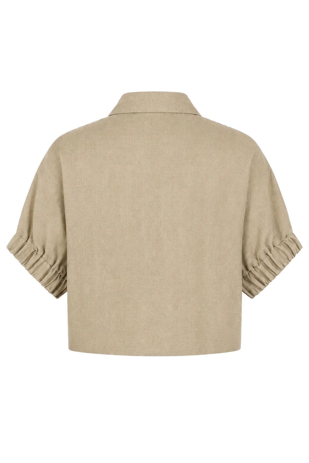 A beige short-sleeve cropped shirt jacket with gathered, pleated sleeves, shown from the back on a white background.