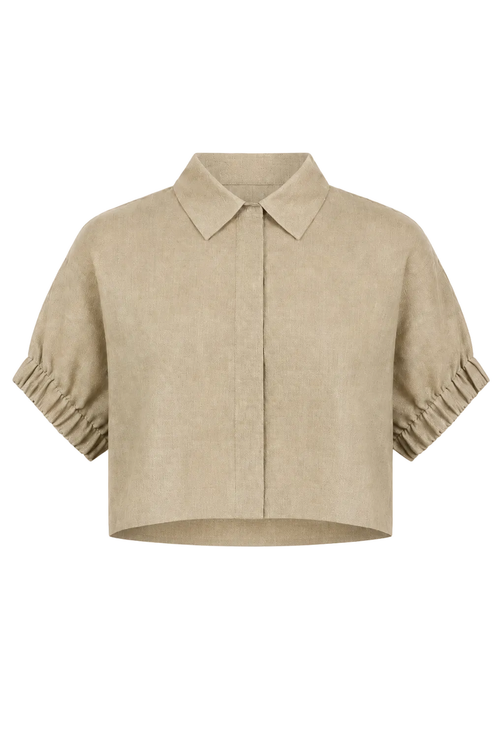 A cropped beige linen shirt jacket with a pointed collar, short sleeves featuring gathered ruffle cuffs, and a front button closure, shown against a plain white background.