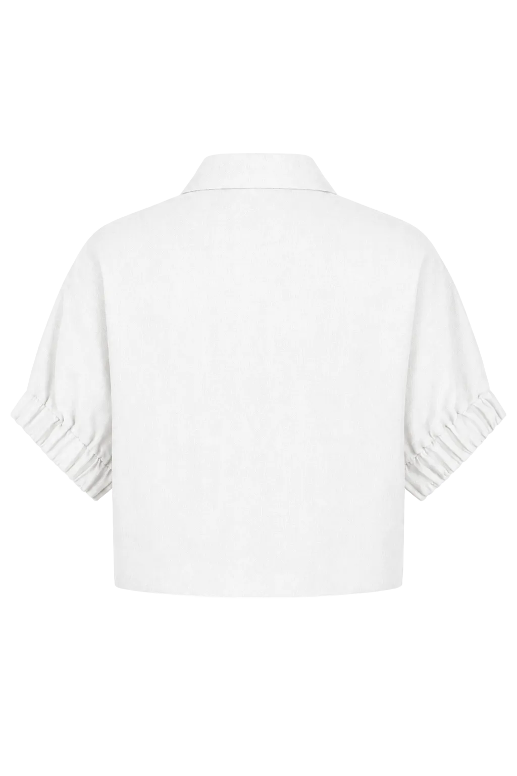 100% linen White short-sleeve cropped shirt with pleated ruffled cuffs, shown from the back on a plain white background.