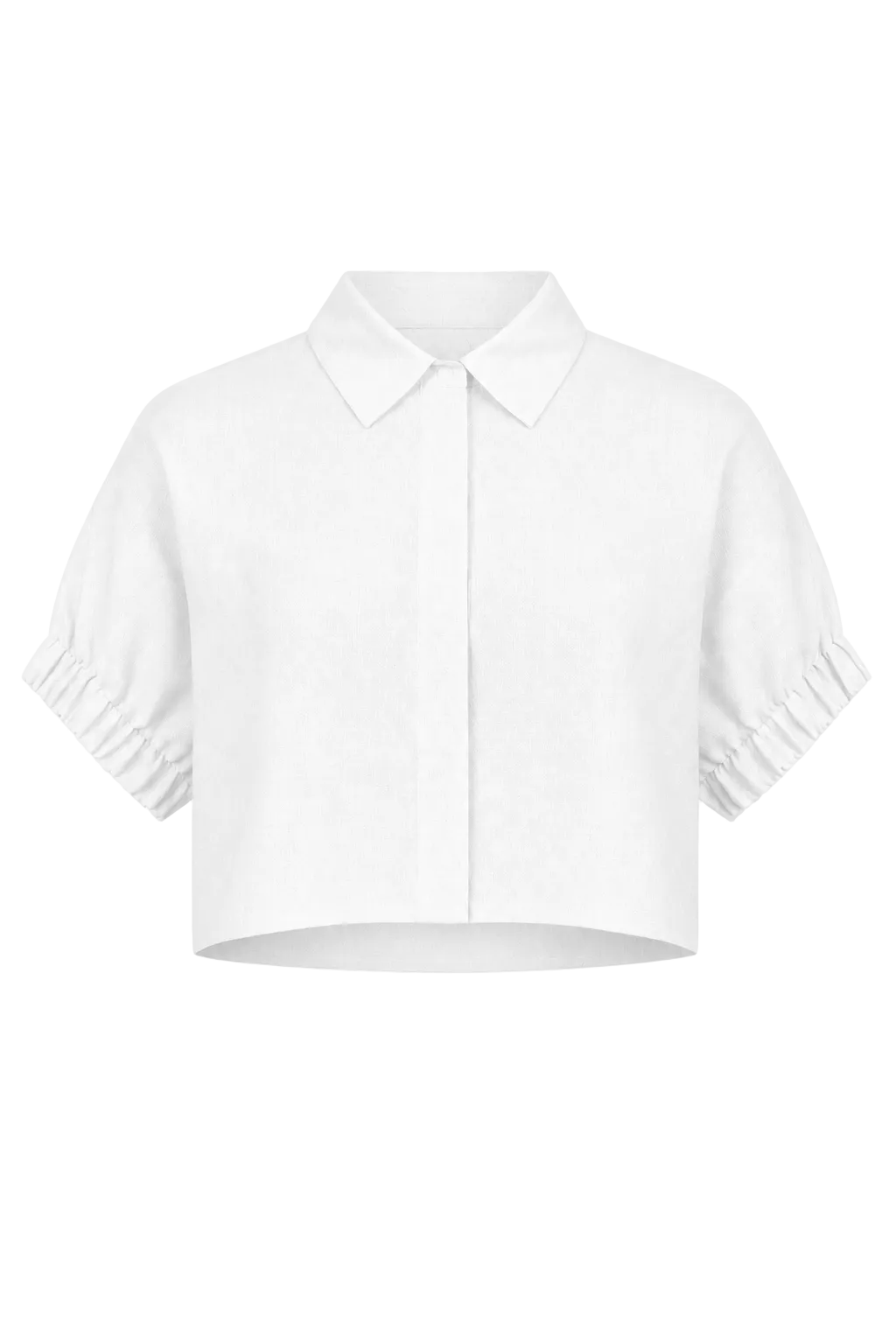 A 100% linen white short-sleeve collared shirt with gathered puff sleeves and a cropped hem, shown against a plain white background.