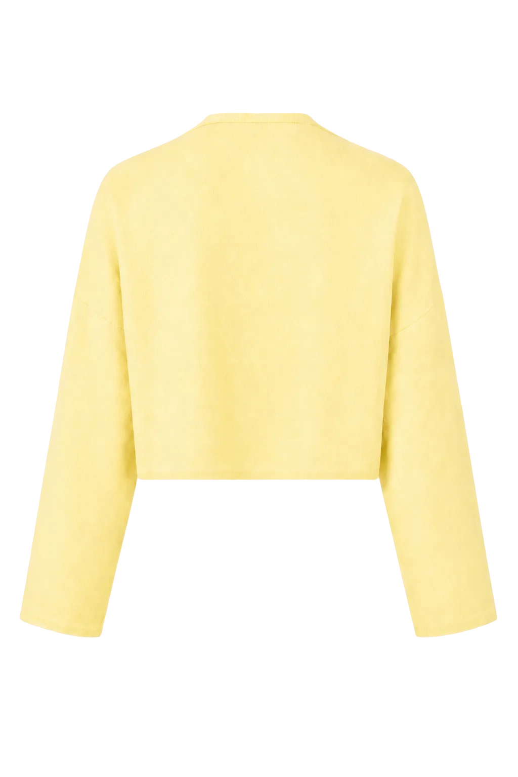 A 100% linen pale yellow cropped long-sleeve sweater shown from the back against a plain white background.