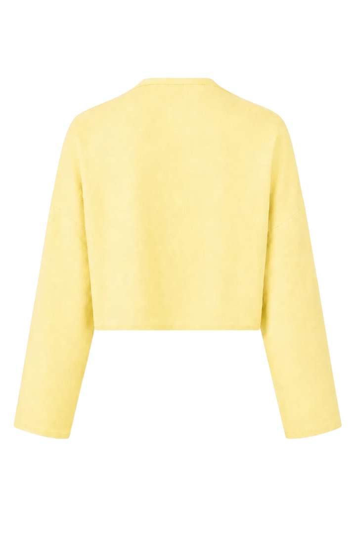 A 100% linen pale yellow cropped long-sleeve sweater shown from the back against a plain white background.