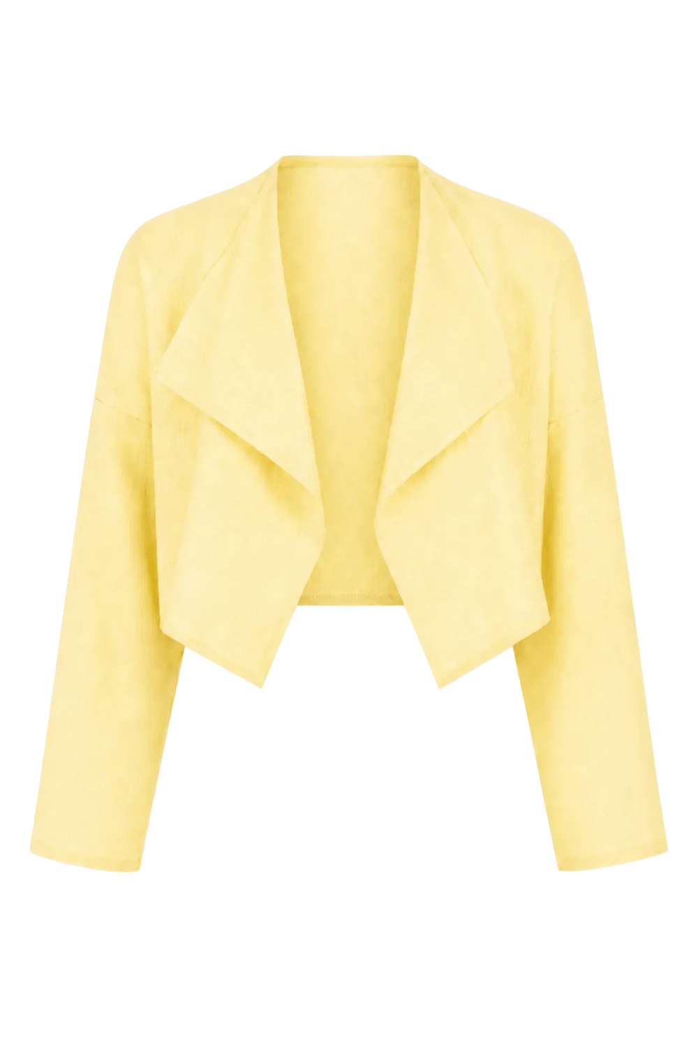 A 100% linen pale yellow cropped jacket with a draped, open-front design and long sleeves, shown against a plain white background.
