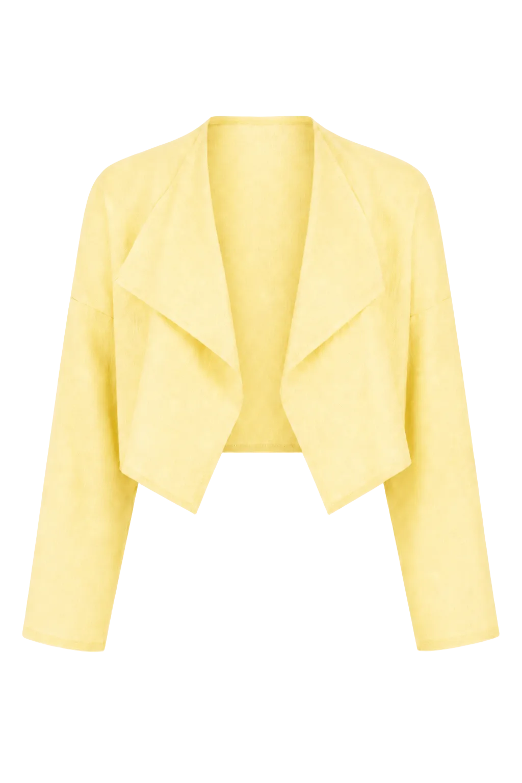 A 100% linen pale yellow cropped jacket with a draped, open-front design and long sleeves, shown against a plain white background.