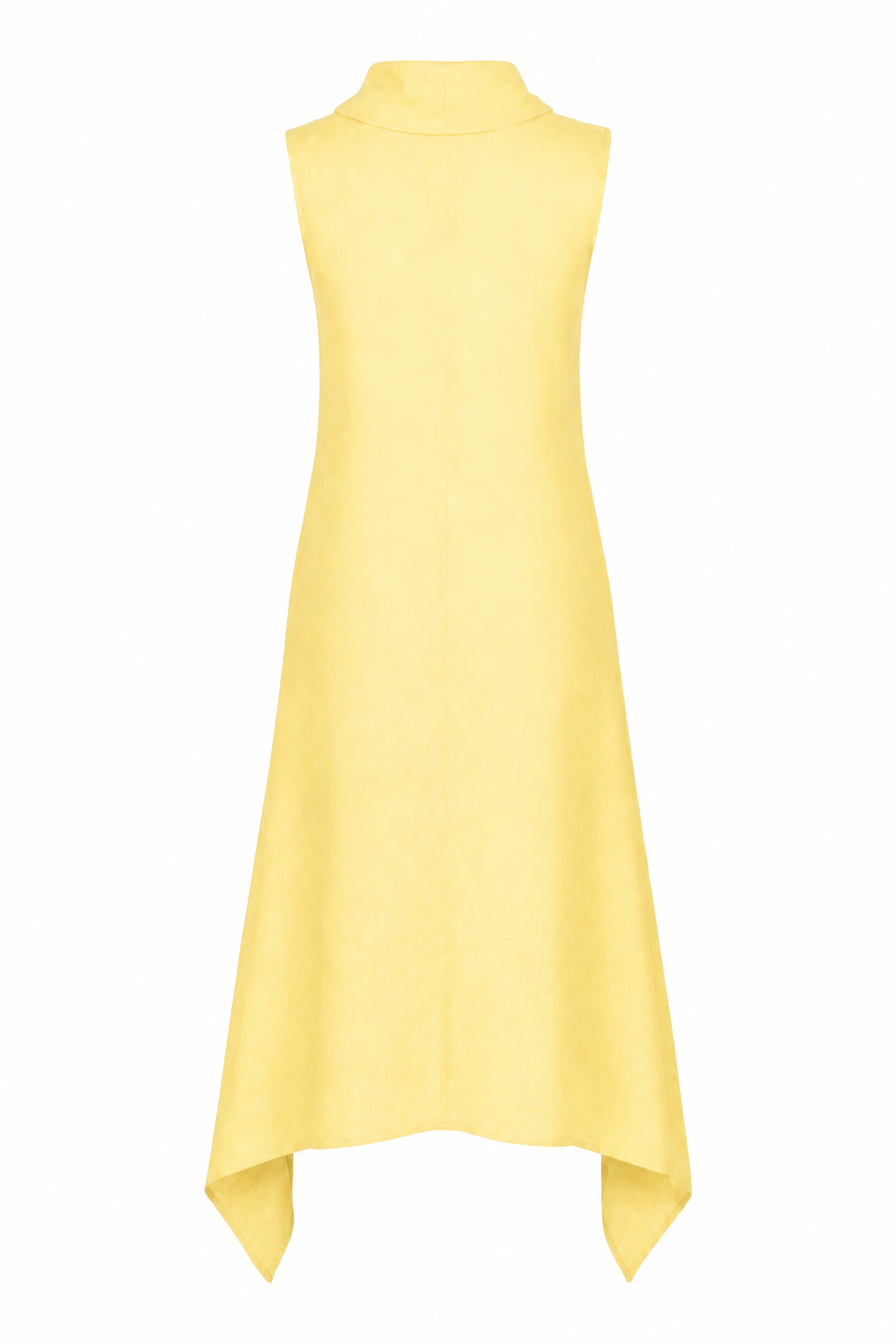 A sleeveless yellow mock-neck linen dress with an asymmetrical draped hem, shown against a plain white background.