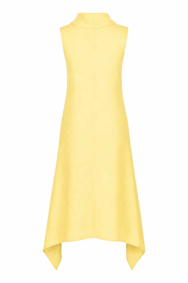 A sleeveless yellow mock-neck linen dress with an asymmetrical draped hem, shown against a plain white background.