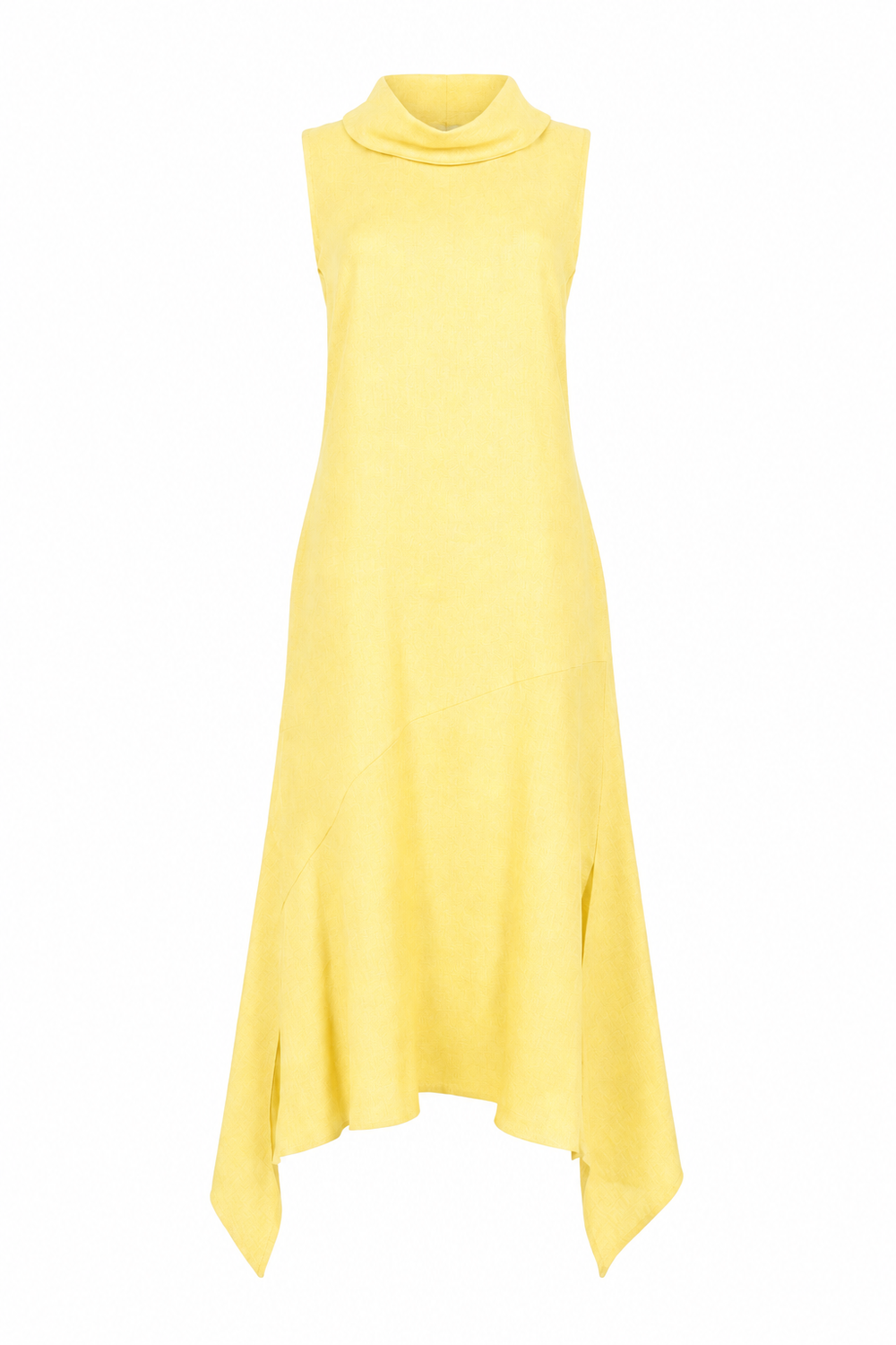 A sleeveless yellow cowl-neck linen dress with an asymmetrical draped hem, shown against a plain white background.