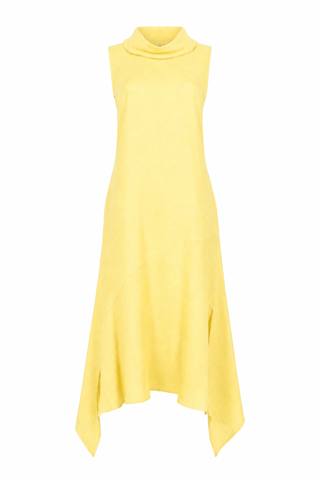 A sleeveless yellow cowl-neck linen dress with an asymmetrical draped hem, shown against a plain white background.