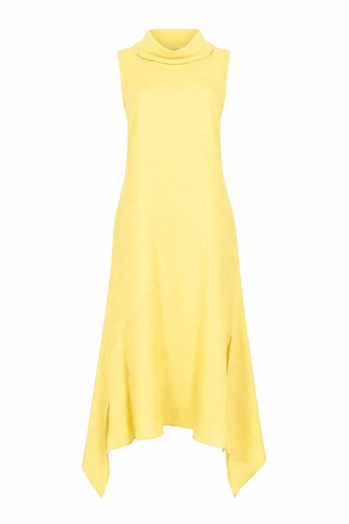 A sleeveless yellow cowl-neck linen dress with an asymmetrical draped hem, shown against a plain white background.