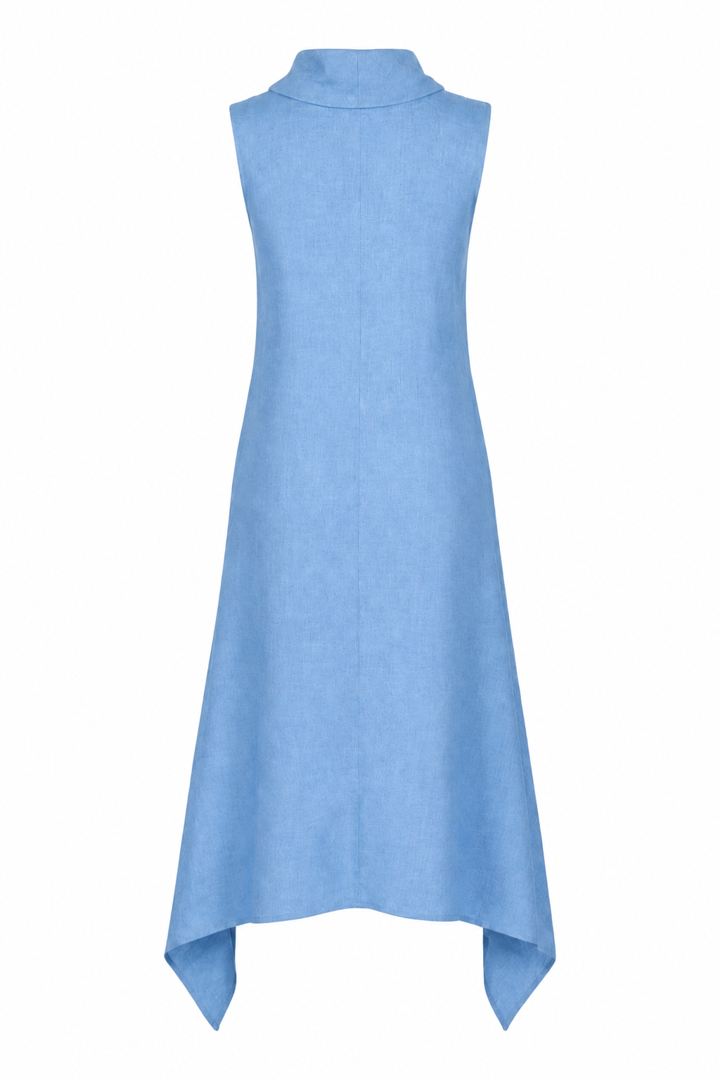 A light blue sleeveless mock-neck linen dress with an asymmetrical draped hem, shown against a plain white background.