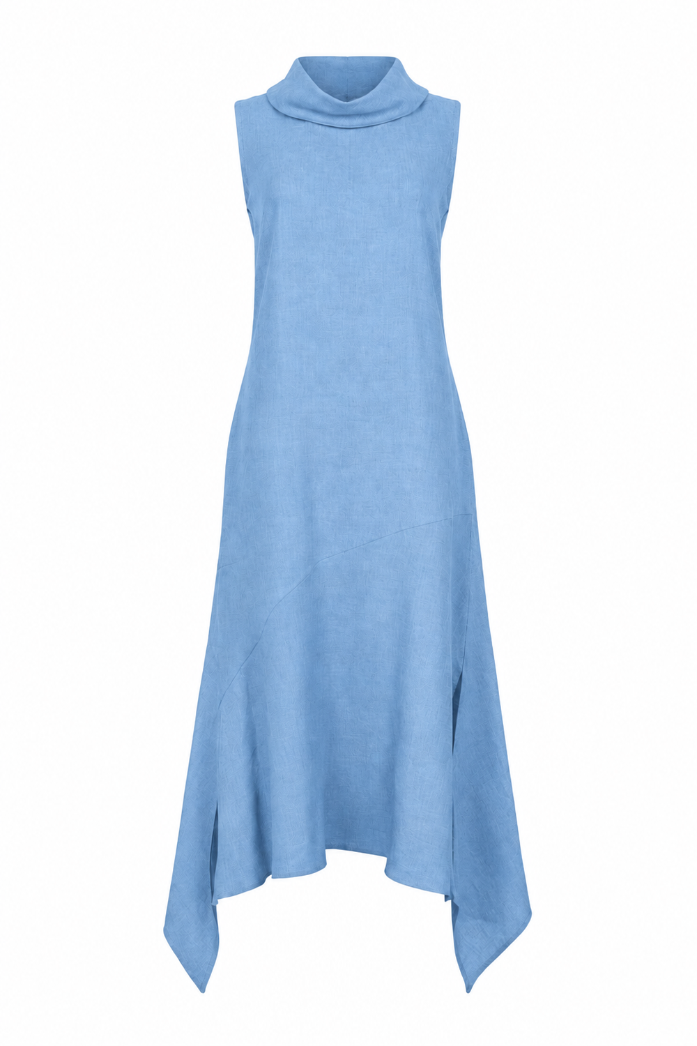 A light blue sleeveless linen dress with a mock neck and an asymmetrical draped hem, shown against a plain white background.