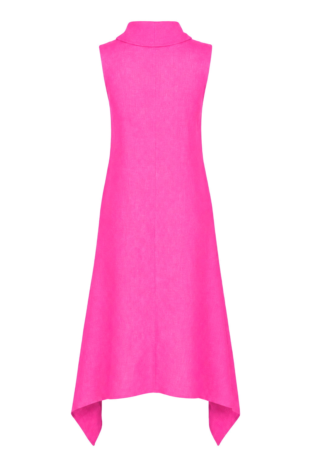 A sleeveless high-neck dress in a vibrant fuchsia pink color, shown from the back against a plain white background.