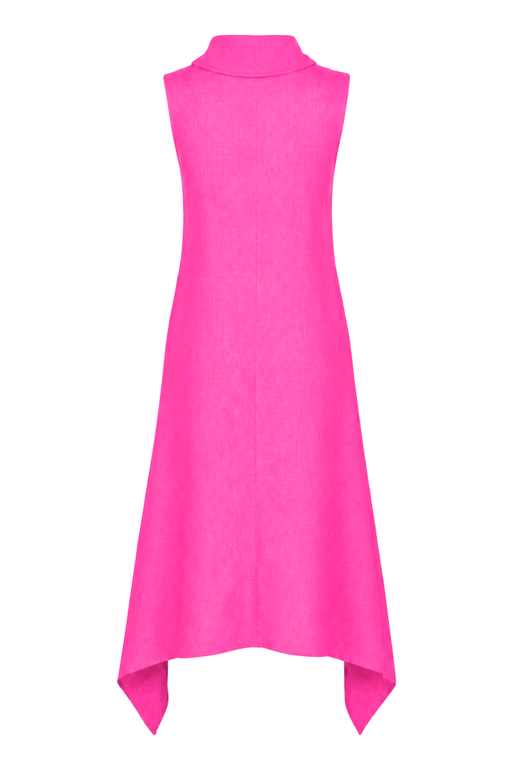 A sleeveless high-neck dress in a vibrant fuchsia pink color, shown from the back against a plain white background.