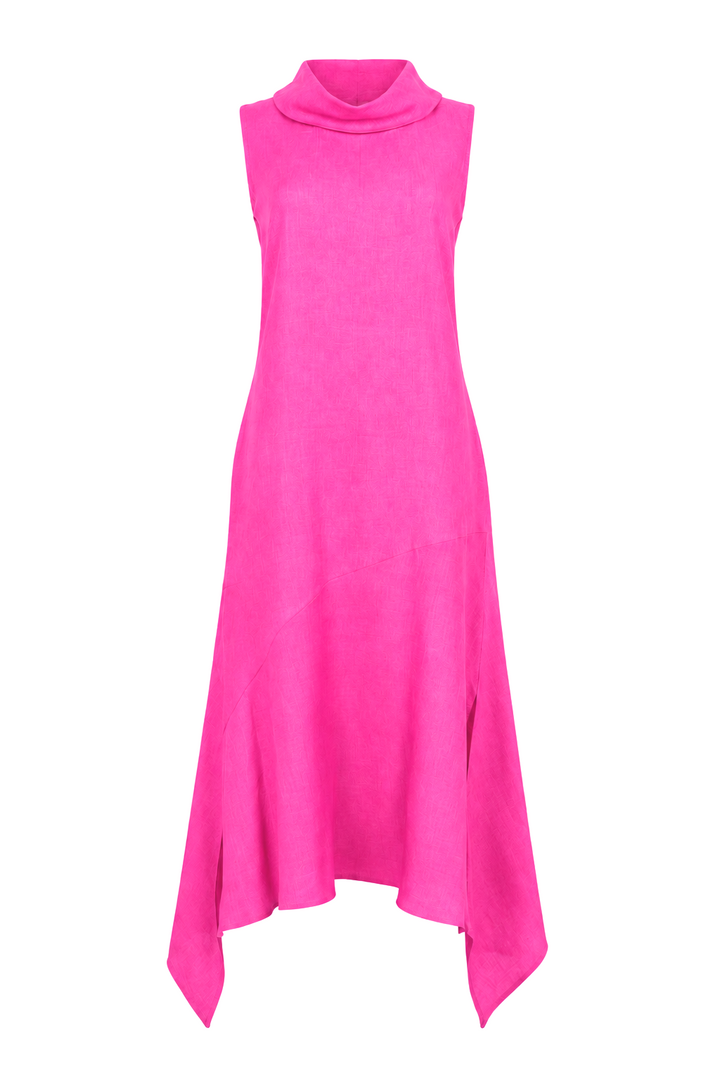 A sleeveless fuchsia pink turtleneck dress with an asymmetrical draped hem, shown against a plain white background.