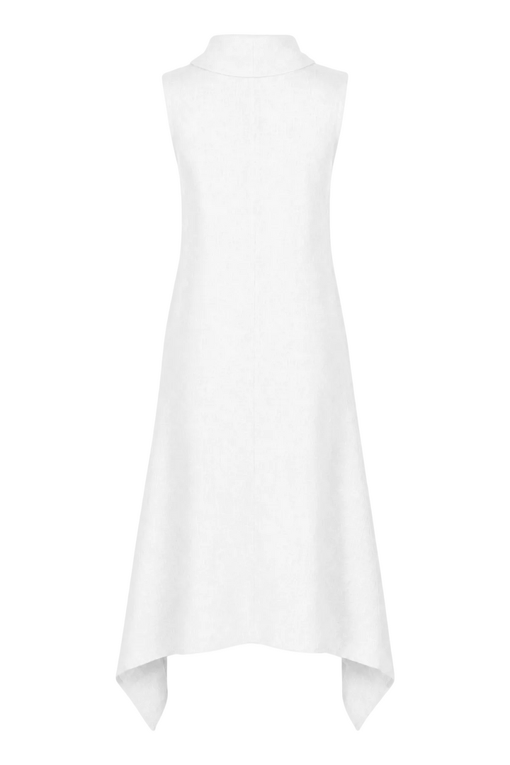 A 100% linen white sleeveless mock-neck dress with an asymmetrical draped hem, shown against a plain white background.