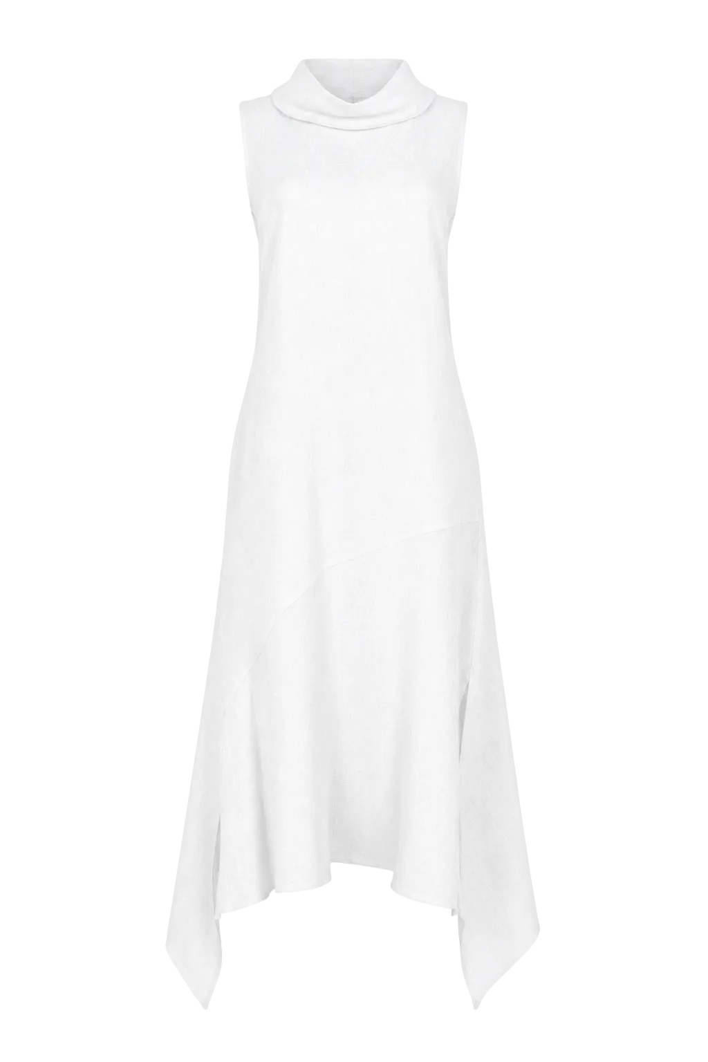 A 100% linen white sleeveless mock-neck dress with an asymmetrical draped hem, shown against a plain white background.