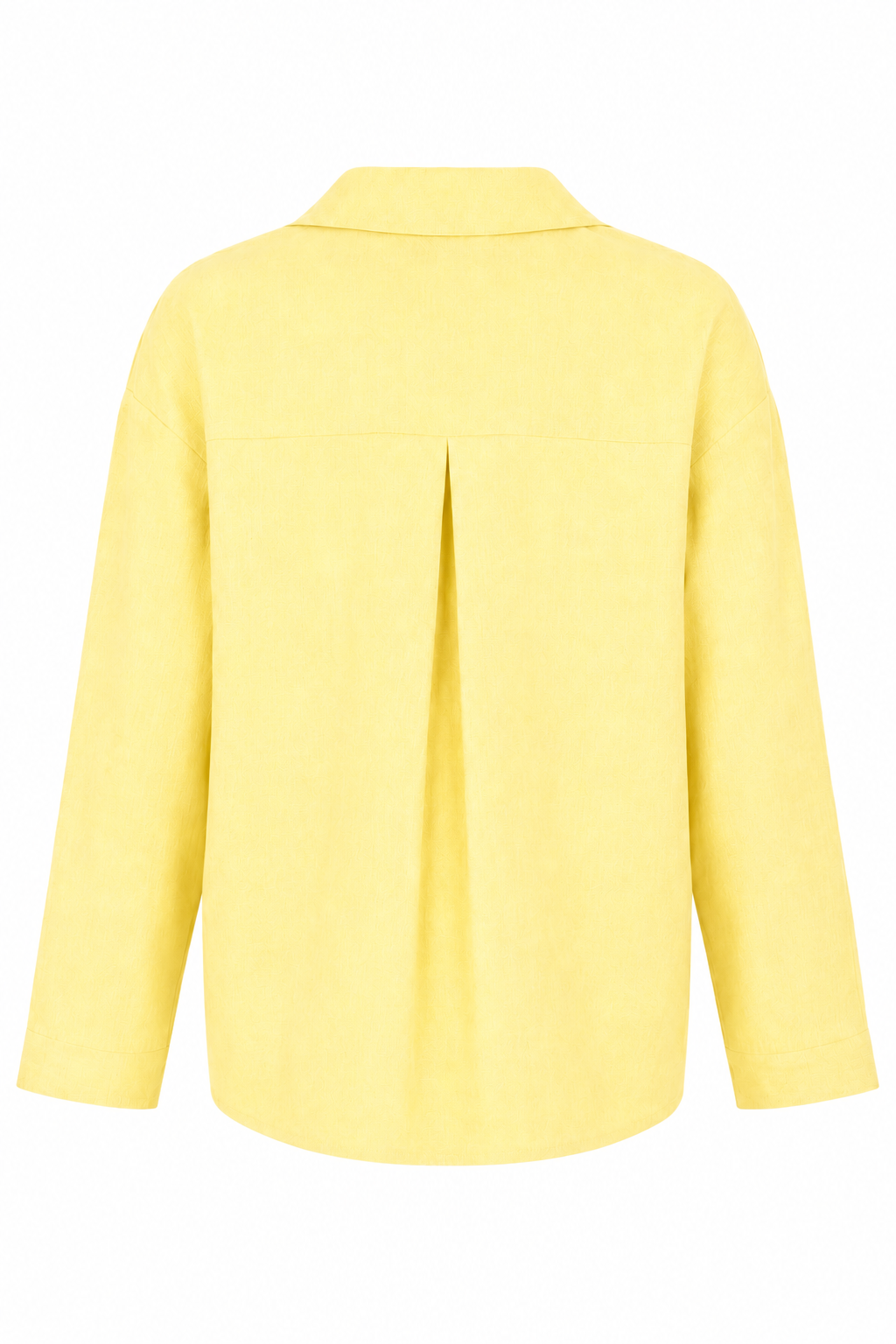 A banana yellow long-sleeve linen button-up shirt shown from the back, featuring a central pleat detail, on a plain white background.
