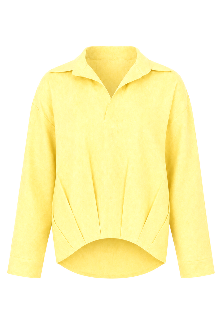 A banana yellow long-sleeve linen collared shirt with a unique draped, asymmetrical hem, shown against a plain white background.