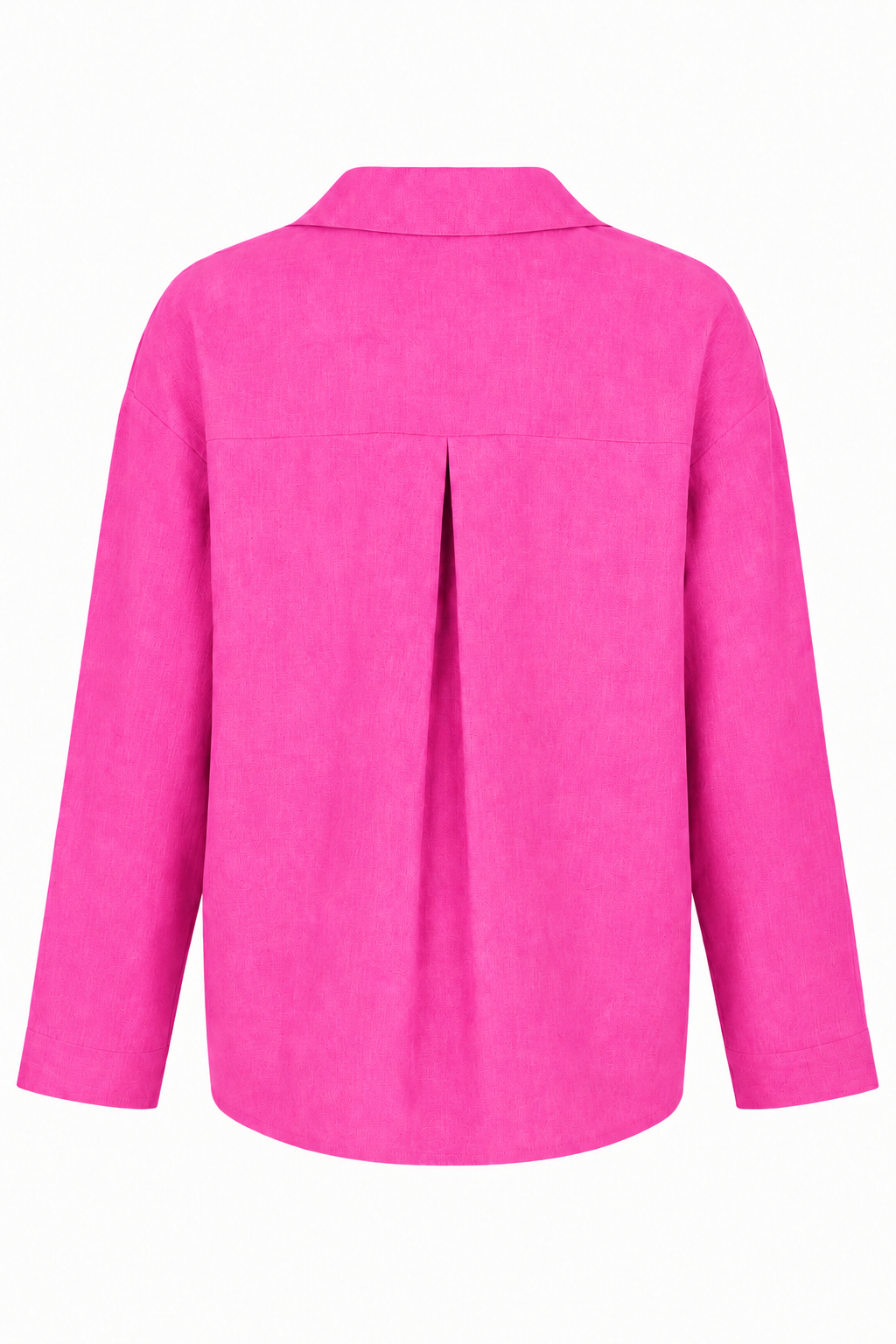 A fuchsia pink long-sleeve linen blouse shown from the back, featuring a central back pleat and a structured collar, set against a plain white background.