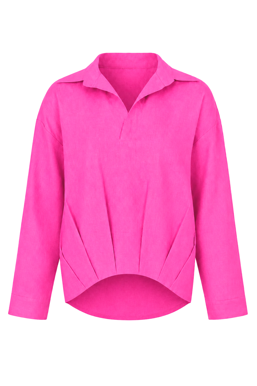 A fuchsia pink long-sleeve collared linen blouse with a split neckline and gathered front detail, shown on a plain white background.