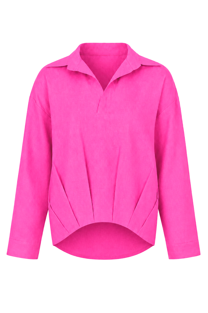 A fuchsia pink long-sleeve collared linen blouse with a split neckline and gathered front detail, shown on a plain white background.