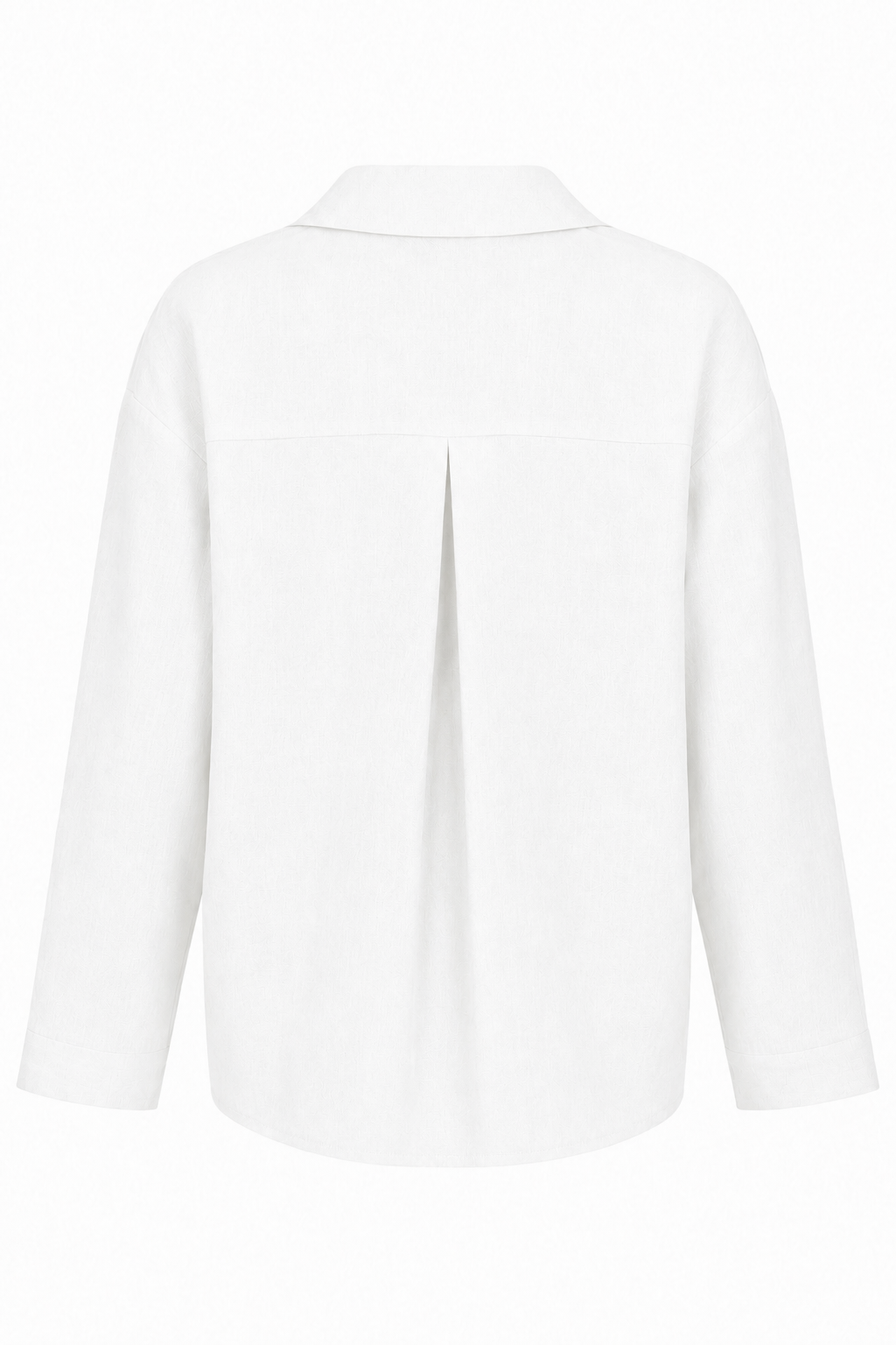 A white linen long-sleeve button-up shirt shown from the back, featuring a subtle vertical pleat detail at the center back, set against a plain white background.
