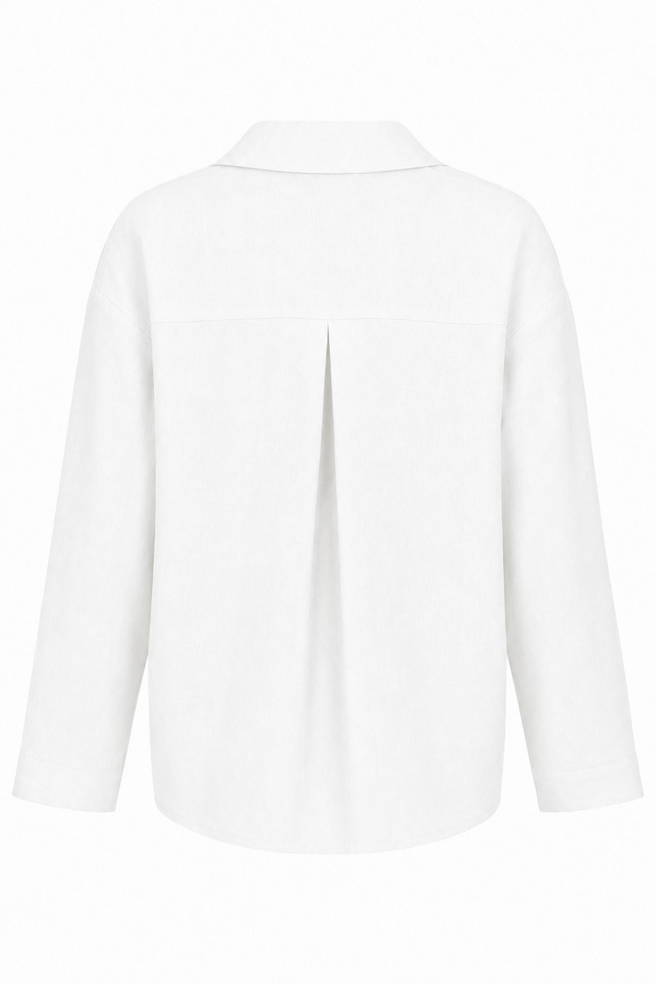 A white linen long-sleeve button-up shirt shown from the back, featuring a subtle vertical pleat detail at the center back, set against a plain white background.