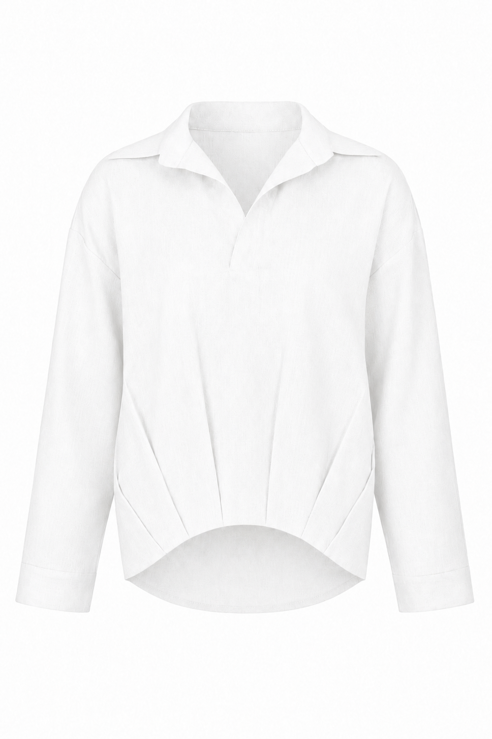 A white linen long-sleeve collared blouse with a unique draped, asymmetrical hem design, shown against a plain white background.
