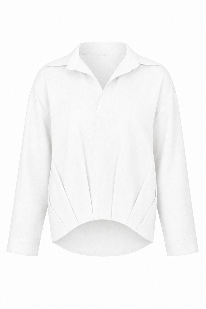 A white linen long-sleeve collared blouse with a unique draped, asymmetrical hem design, shown against a plain white background.